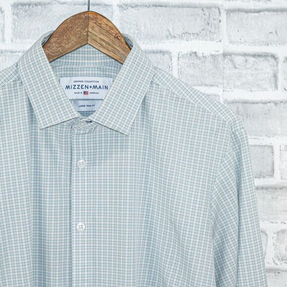 MIZZEN + MAIN collection Men's Trim Fit Button front Shirt light blue grid sz L - Picture 3 of 5